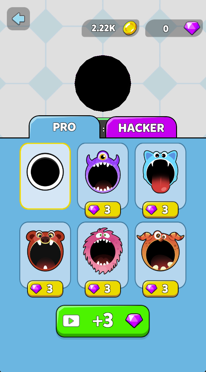 The Skins menu shows the selected plain hole and alternatives priced at three diamonds.