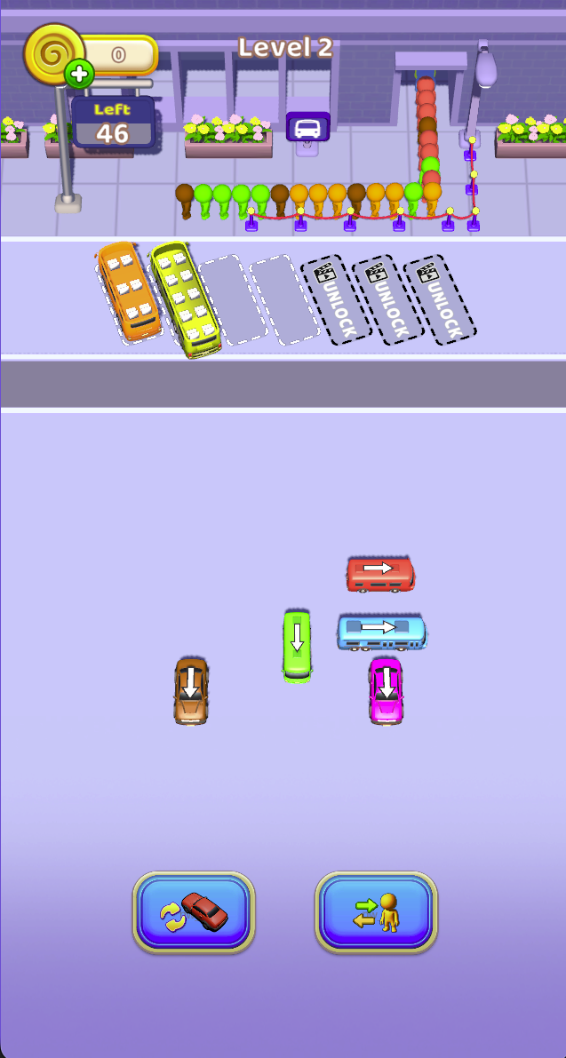 Level 2 shows a colored passenger queue, two occupied waiting bays and vehicles with directional arrows below. Check the front of the queue and the remaining bays before dispatching another vehicle.