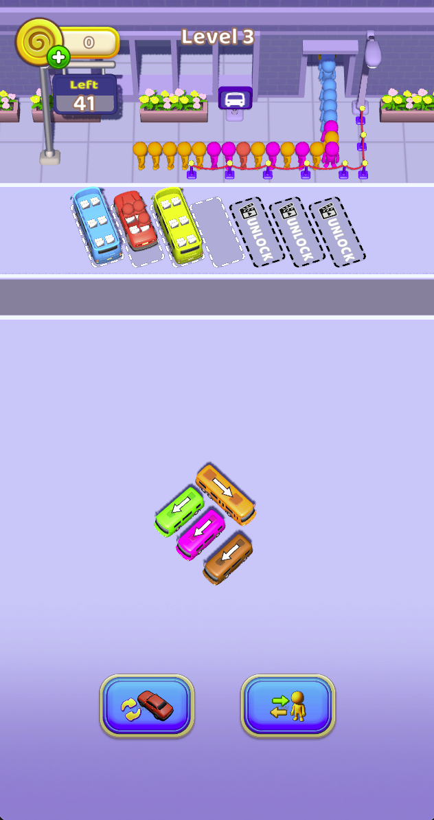 Level 3 has several waiting vehicles and more vehicles still in the starting cluster. Plan a clear arrow-directed exit while keeping useful waiting space for upcoming passenger colors.