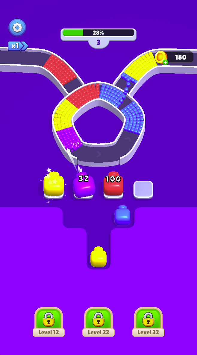 Level 3: colored shooters occupy the four slots below the track. Watch the remaining counts and the colors approaching the firing area.