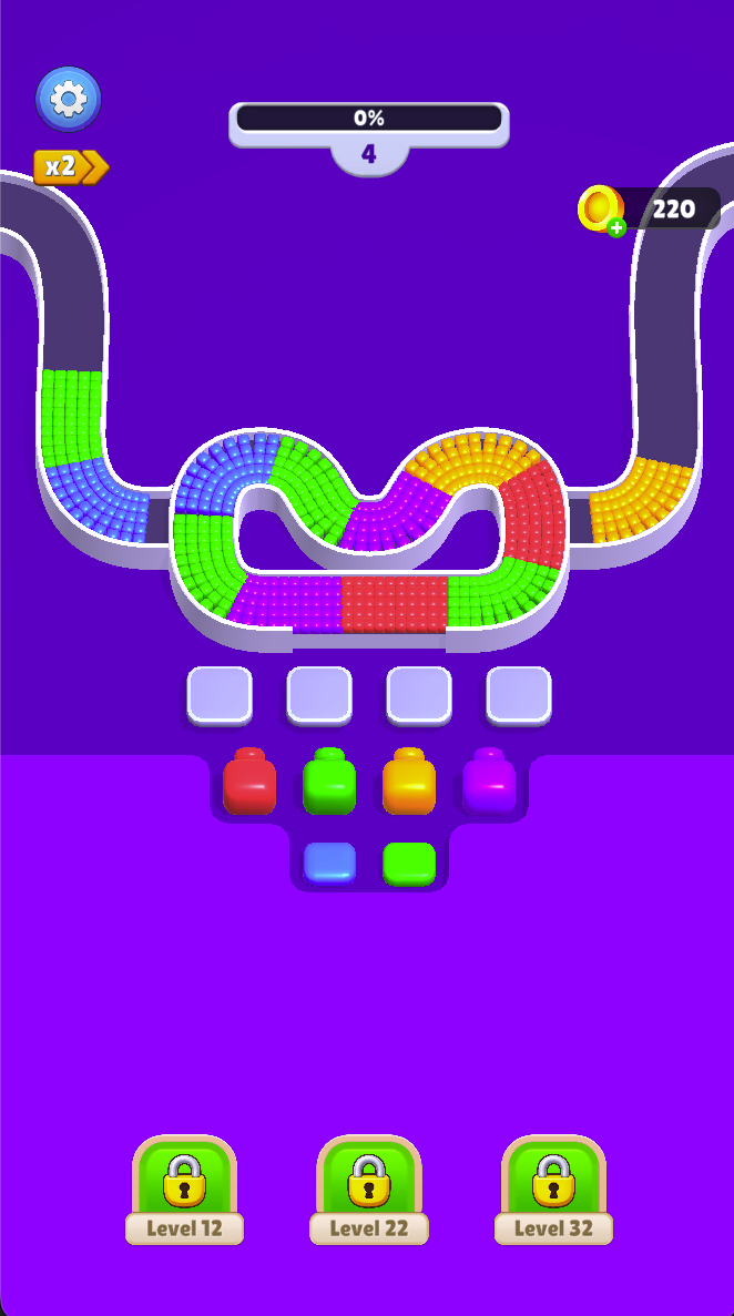 Level 4 begins with four empty slots and a new arrangement of colored blocks. Inspect the track before selecting your first shooters.