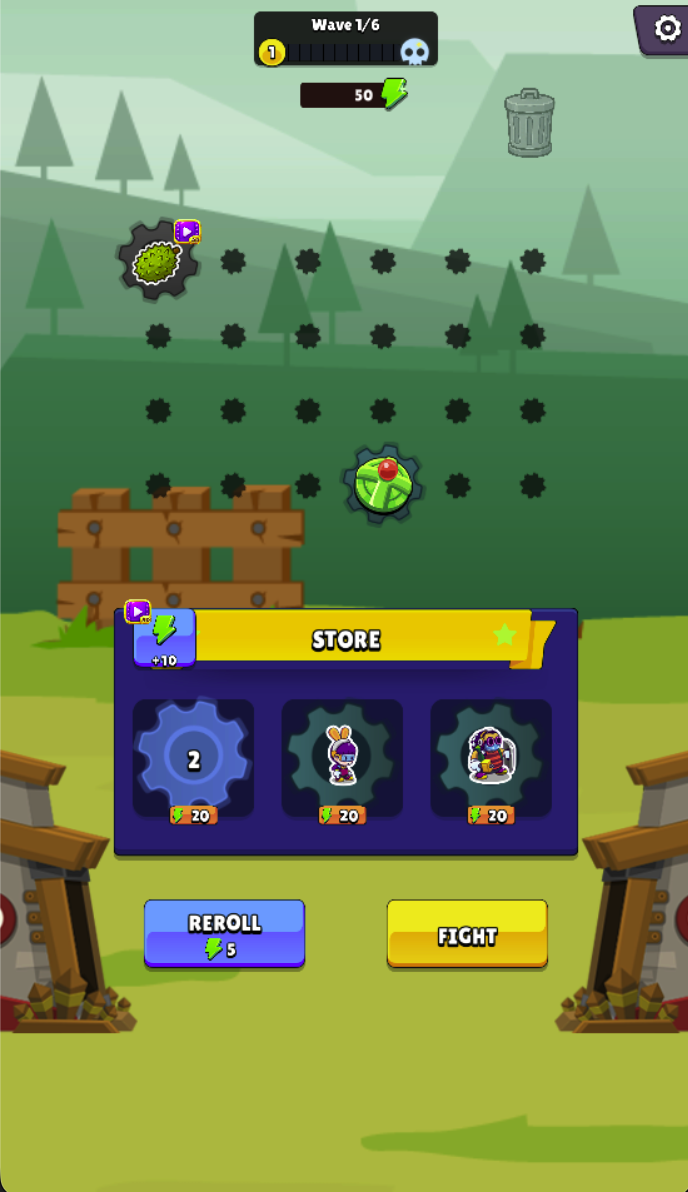 Preparation begins at Wave 1/6 with 50 energy in this capture. Store choices cost 20 each and Reroll costs 5, so compare purchases before refreshing.