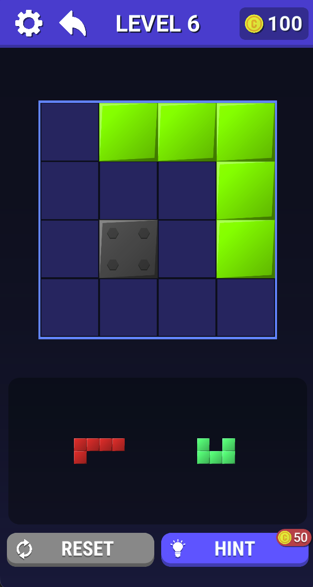 Level 6 introduces a dark fixed obstacle inside the board. Fit the remaining pieces around that cell; Reset and a Hint priced at 50 coins are visible below.