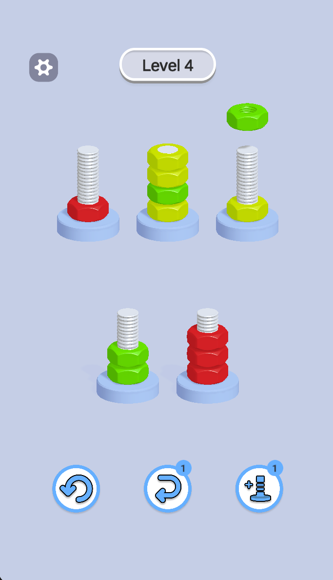 Level 4 shows mixed and grouped stacks with a selected green nut above a bolt. Plan the destination around exposed colors and the space left on each bolt.