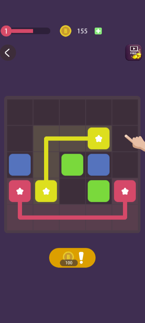 The color-path mode shows yellow and pink connections between matching star-marked endpoints. Trace a route around occupied cells and leave space for the remaining connections.