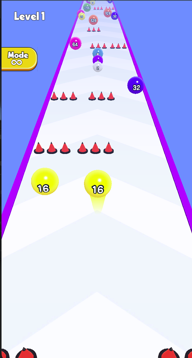 The run shows a controlled 16 ball near another 16, with cone barriers ahead. Plan a route toward matching values while keeping clear of hazards.