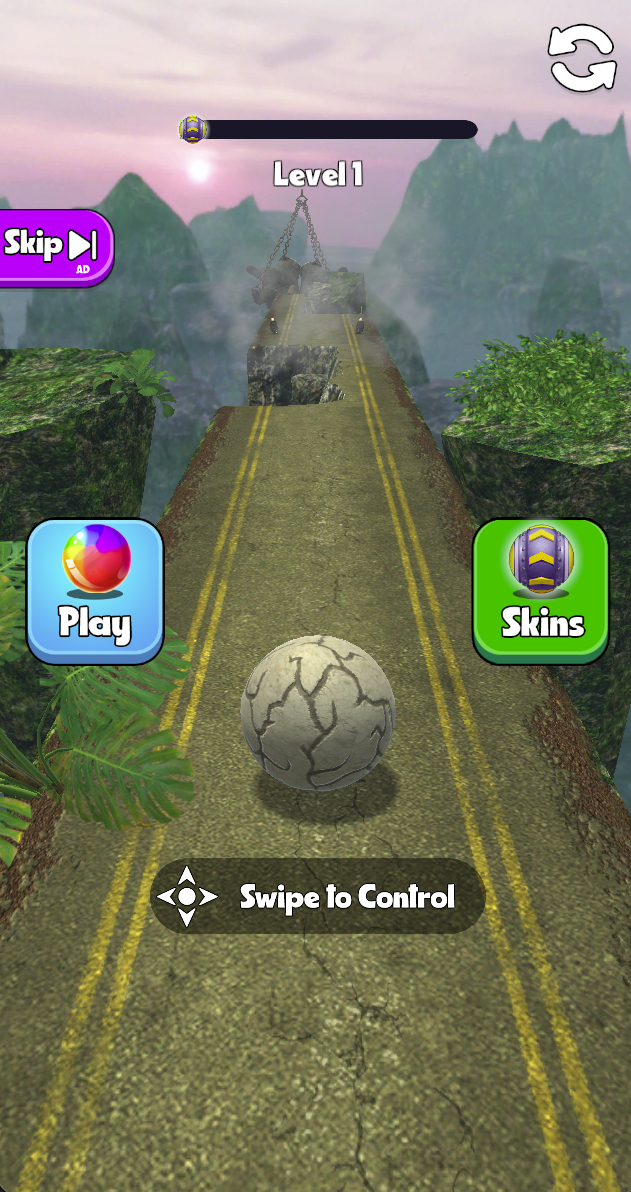 The mountain-course mode uses a stone ball on a narrow elevated road. Its Swipe to Control prompt accompanies rock obstacles and a suspended hazard farther ahead.