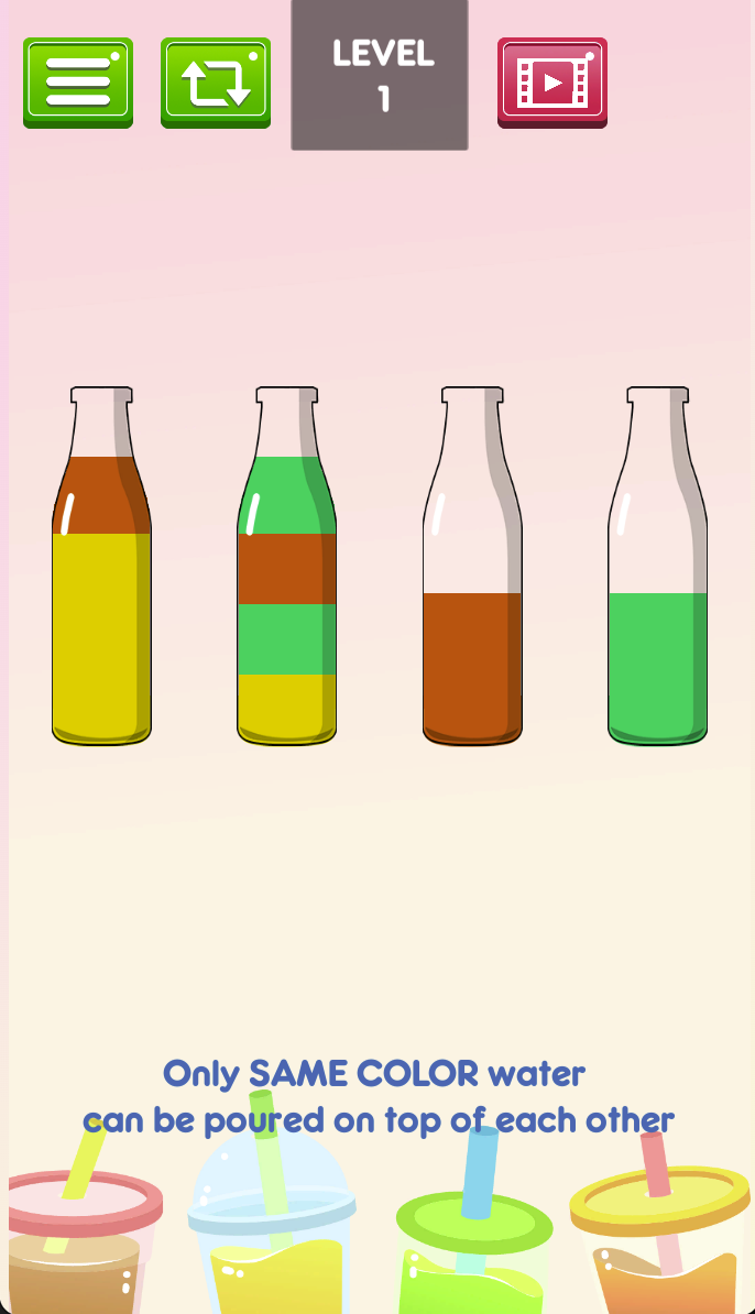 Level 1 explicitly states that only the same color of water can be poured on top of another. Inspect the top layers and free capacity in all four bottles before choosing a transfer.