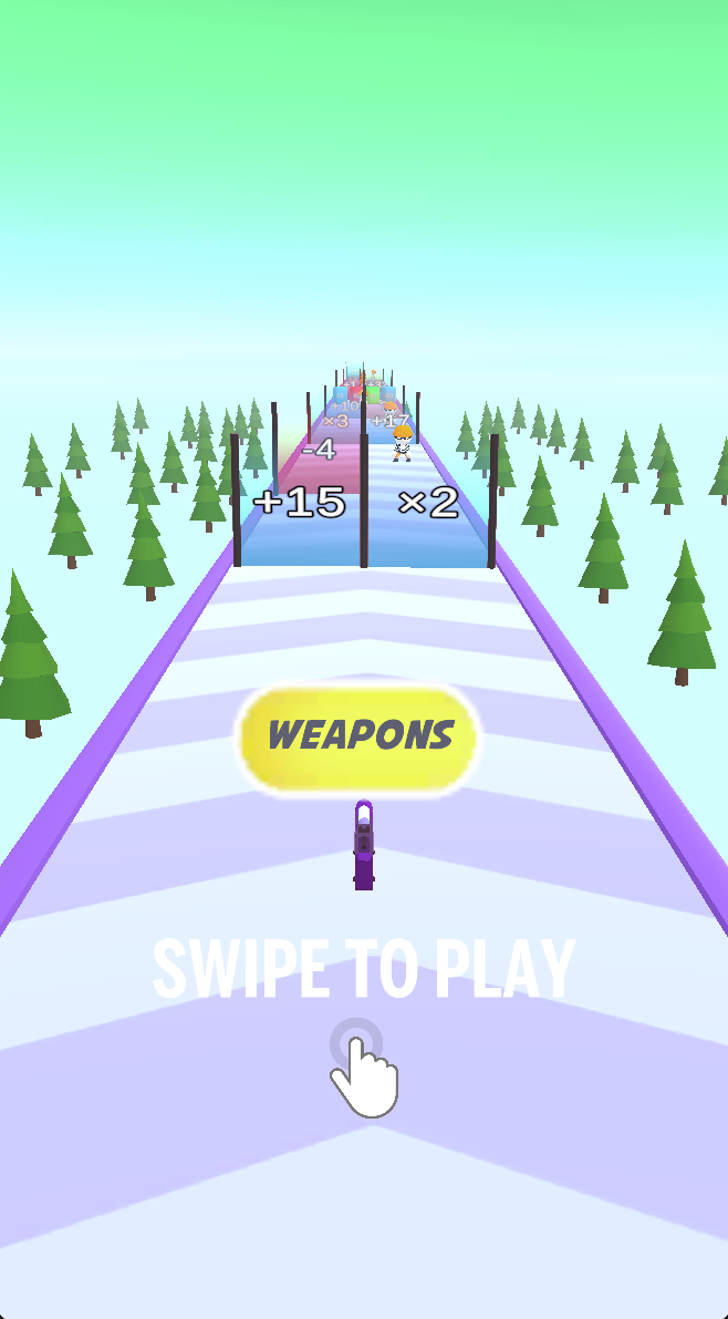 Swipe to begin and steer toward a numbered gate. Compare +15 with ×2 using your current weapon count rather than always choosing multiplication.